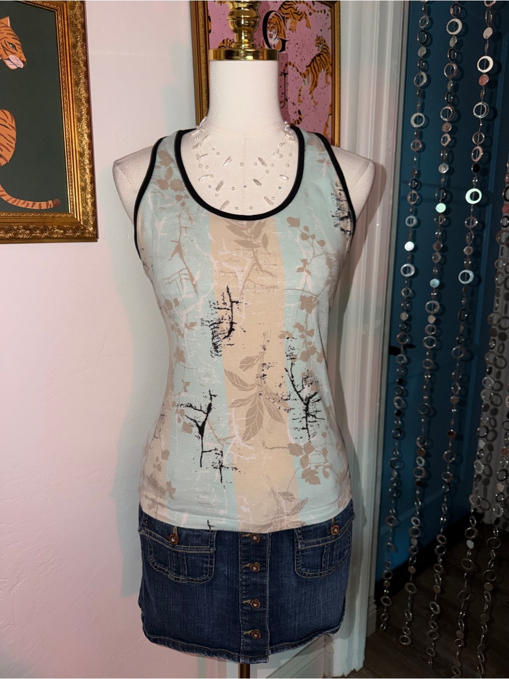 Vintage Y2K Women's Light Blue & Cream Printed Athletic Tank Top